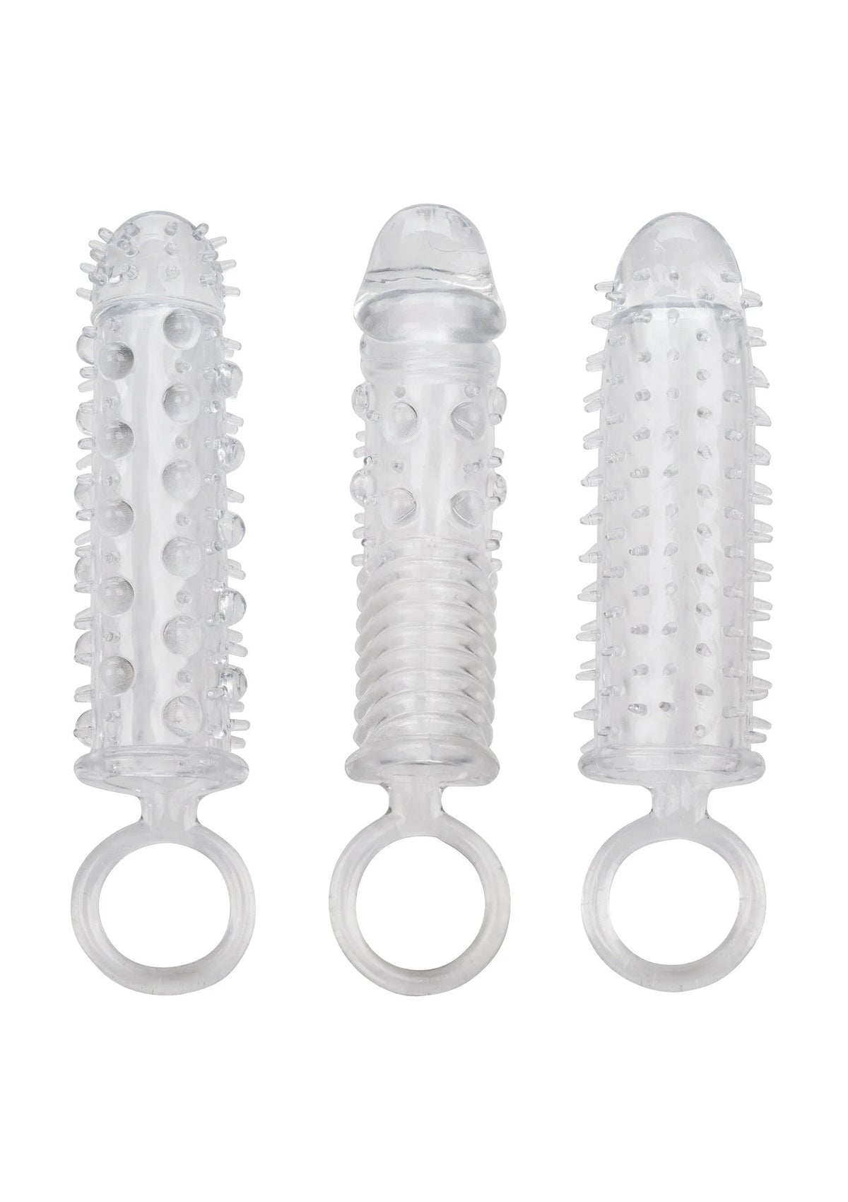 Bestel: 3 Piece Textured Extension Set by CalExotics - bij Happytoys.nl, happytoys.be, Happytoys.ae: erotische sex webshop | liever Happy dan Easy ⭐⭐⭐⭐⭐ - Default Title - 13462 - CLEAR