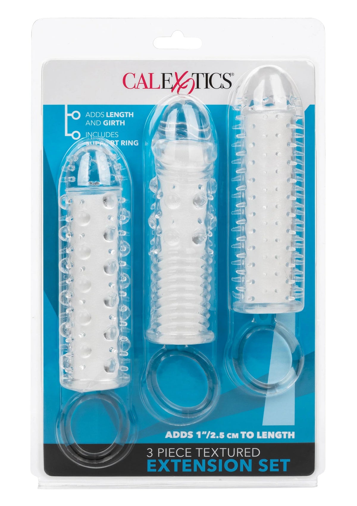 Bestel: 3 Piece Textured Extension Set by CalExotics - bij Happytoys.nl, happytoys.be, Happytoys.ae: erotische sex webshop | liever Happy dan Easy ⭐⭐⭐⭐⭐