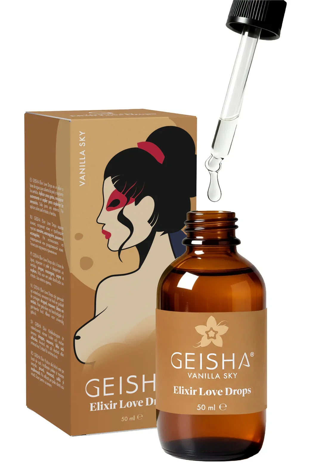 Bestel: Elixir Love Drops 50 ml by Geisha - bij Happytoys.nl, happytoys.be, Happytoys.ae: erotische sex webshop | liever Happy dan Easy ⭐⭐⭐⭐⭐ - Vanilla Sky - 90600 - VANILLA - 50