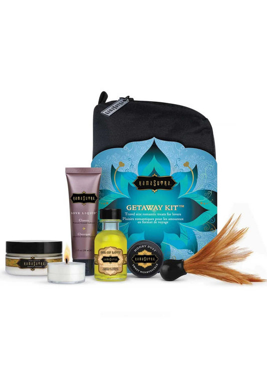 Getawaykit van Kama Sutra met zwarte tas, tubes, flesjes en potjes, met veer
