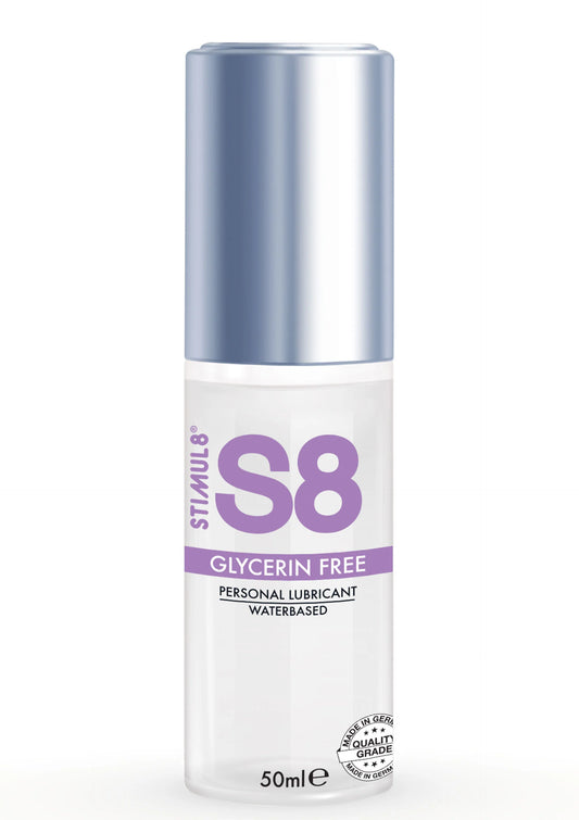 Glycerinevrije glijmiddel S8, transparante fles met blauwe dop, 50 ml