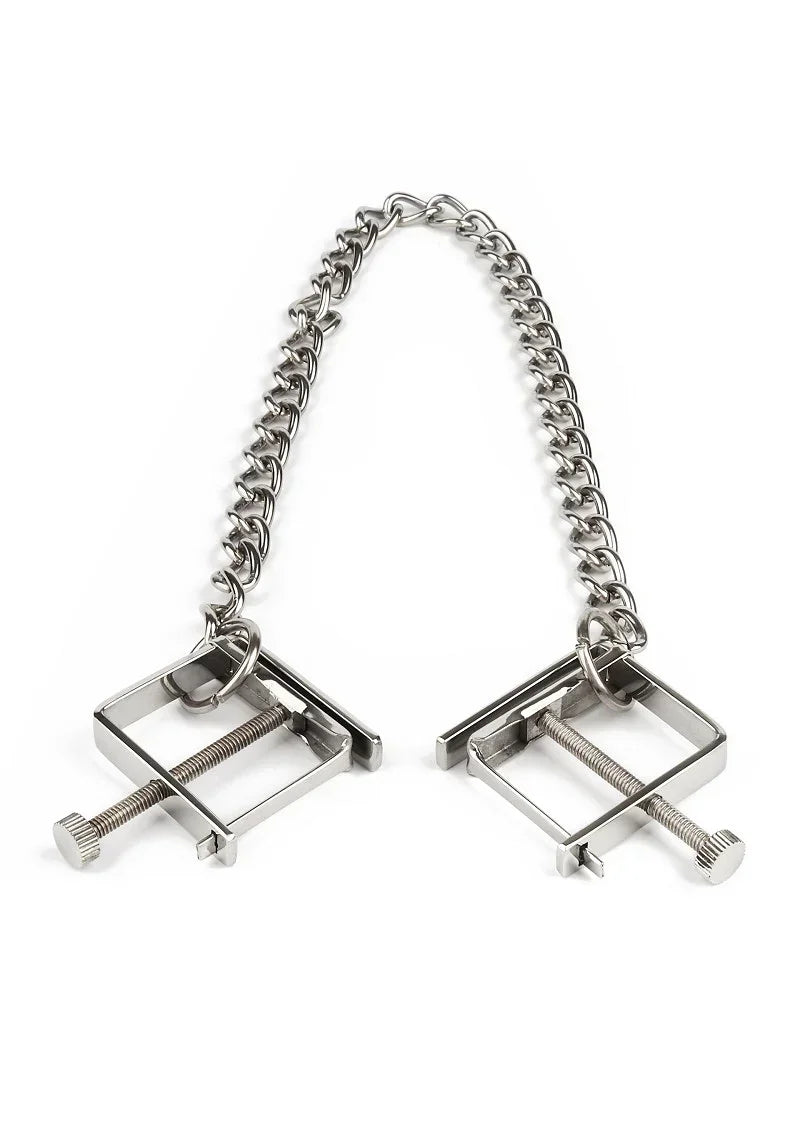 Bestel: Press Nipple Clamps With Chain by Mr. Steel - bij Happytoys.nl, happytoys.be, Happytoys.ae: erotische sex webshop | liever Happy dan Easy ⭐⭐⭐⭐⭐