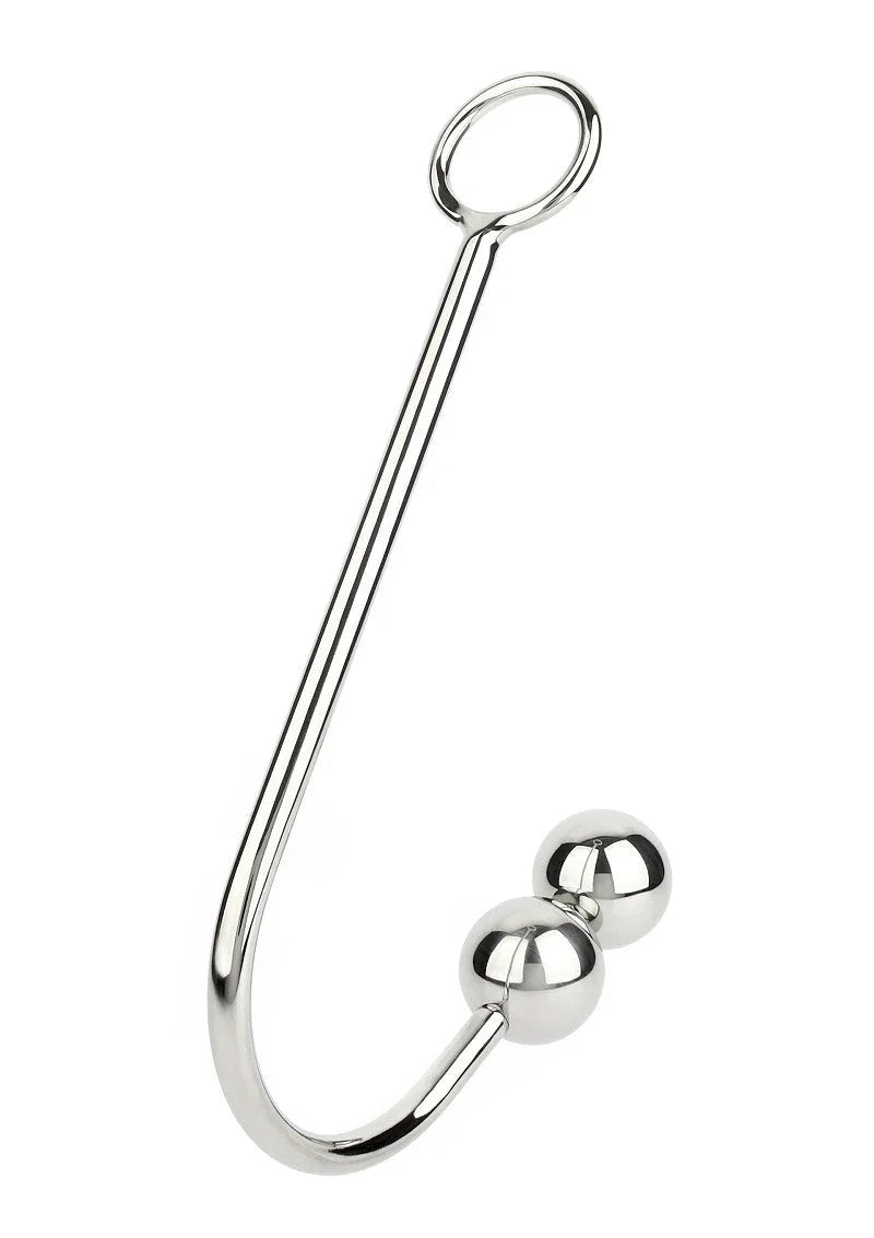 Stainless steel anal hook with double 40mm balls and circular handle on white background