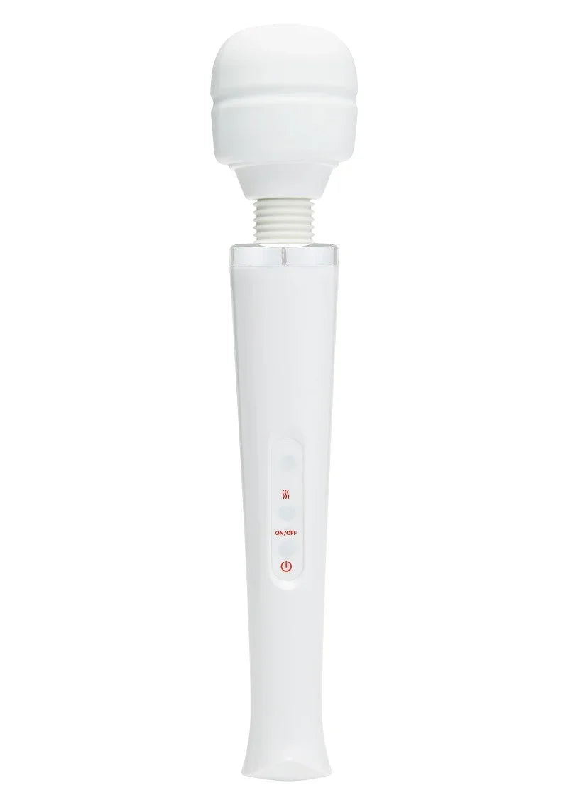 white handheld wand massager with rounded head and on/off buttons on handle