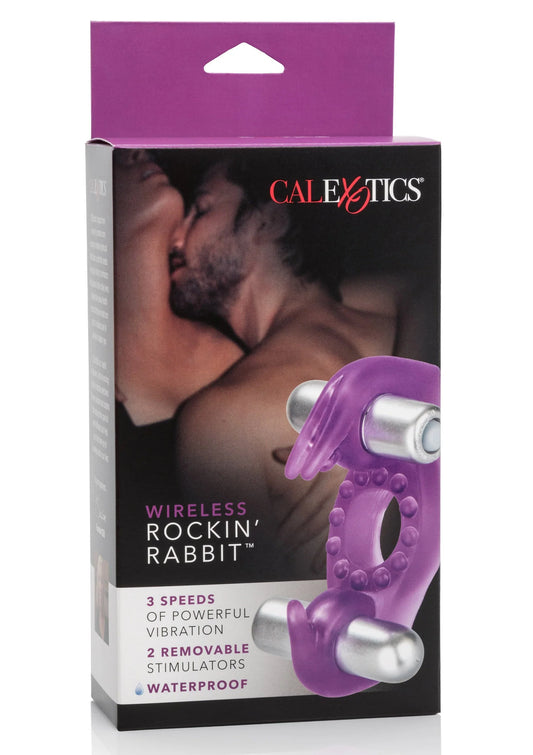 Doos van CalExotics met paars draadloze Rockin’ Rabbit-stimulator en waterdichte claim