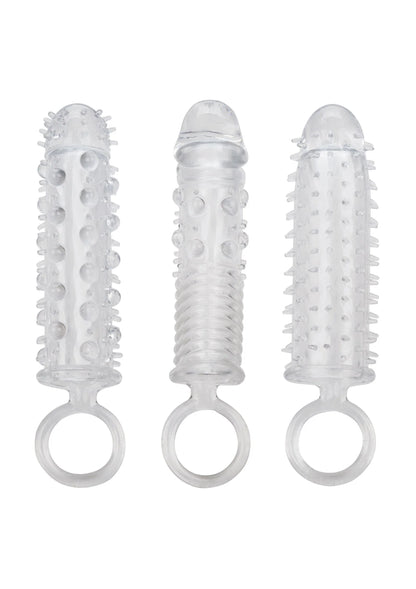 Bestel: 3 Piece Textured Extension Set by CalExotics - bij Happytoys: de erotische sex webshop | liever Happy dan Easy ⭐⭐⭐⭐⭐ - Default Title - 13462 - CLEAR