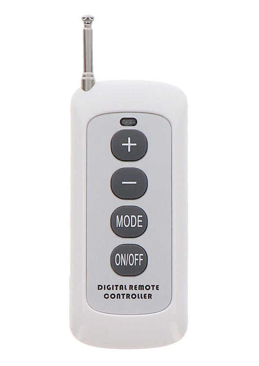 Witte digitale afstandsbediening met grote +/− knoppen en mode/aan-uit