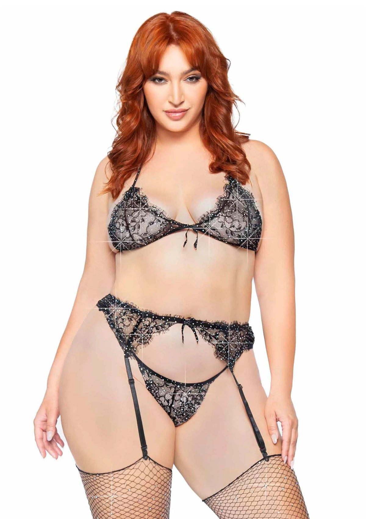 Beste vandaag nog: Plus Lace Bra Top, String and Garter Belt - bij Happytoys Sexshop: online sex shop for Feeling Happy & Easy 😊 - Default Title - 82028 - BLACK - 1X/2X