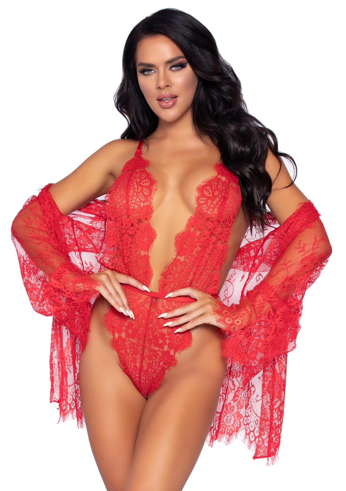 Beste vandaag nog: Teddy with Cheeky Thong and Lace Robe - bij Happytoys Sexshop: online sex shop for Feeling Happy & Easy 😊 - Default Title - 82039 - RED - M