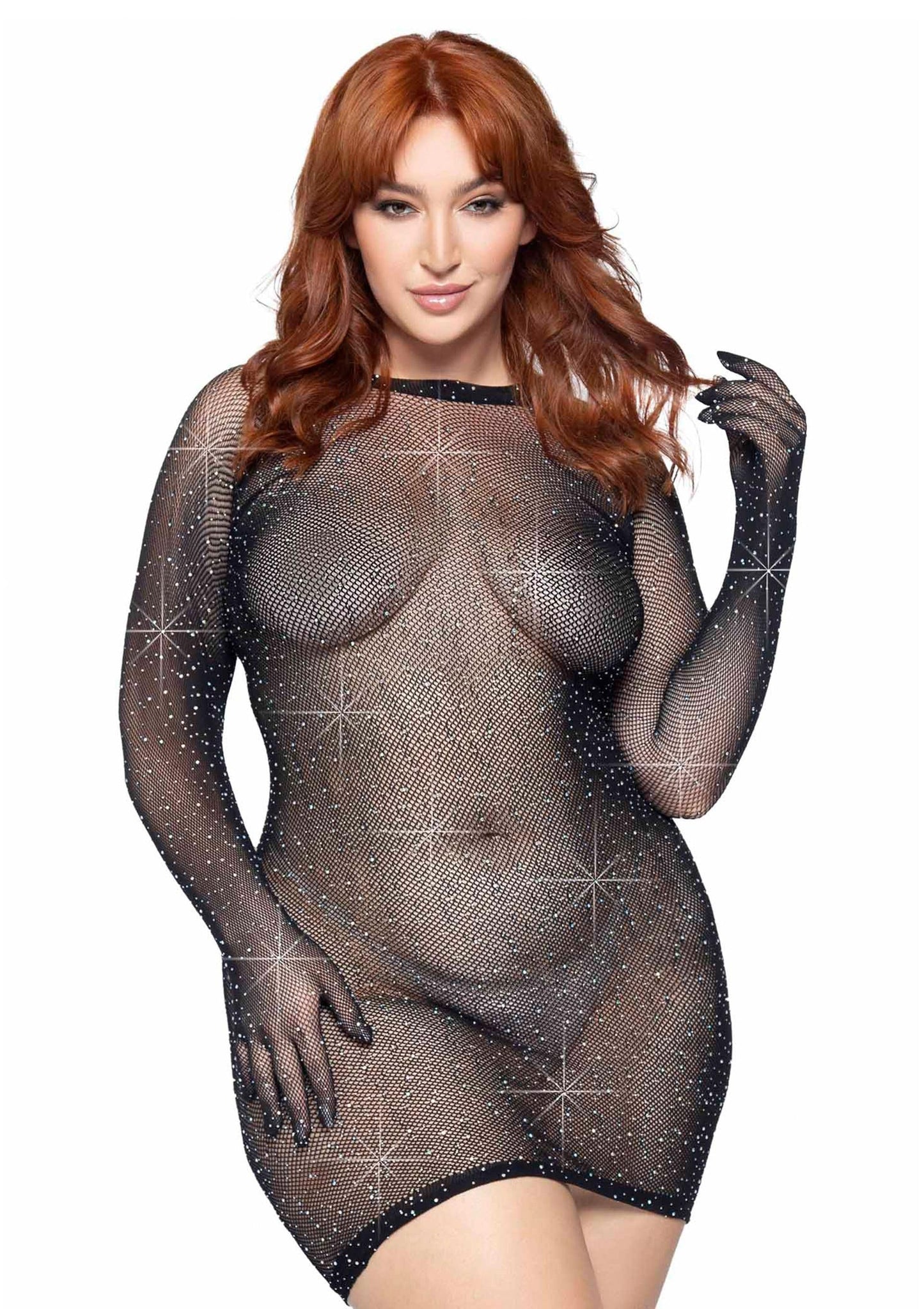 Plus Rhinestone Fishnet Gloved Mini Dress