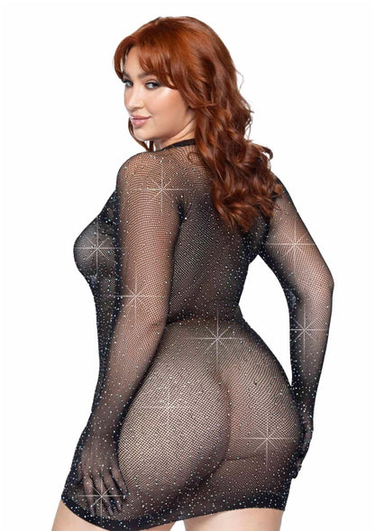 Plus Rhinestone Fishnet Gloved Mini Dress