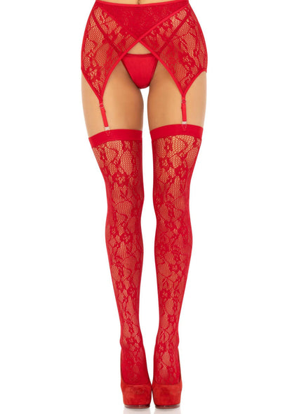 Bestel: Lace Thigh Highs and Garter Belt - bij Happytoys: de erotische sex webshop | liever Happy dan Easy ⭐⭐⭐⭐⭐ - Default Title - 84970 - RED - O/S