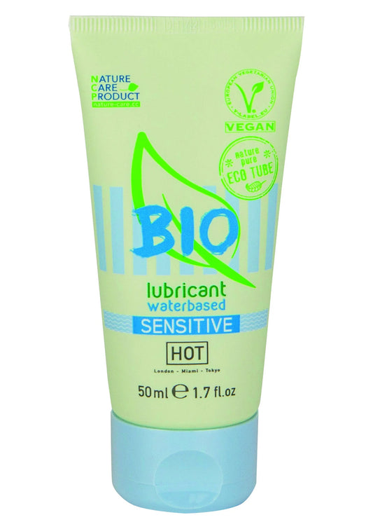 Groene bio glijmiddeltube van 50 ml met blauwe onderkant en HOT/VEGAN labels