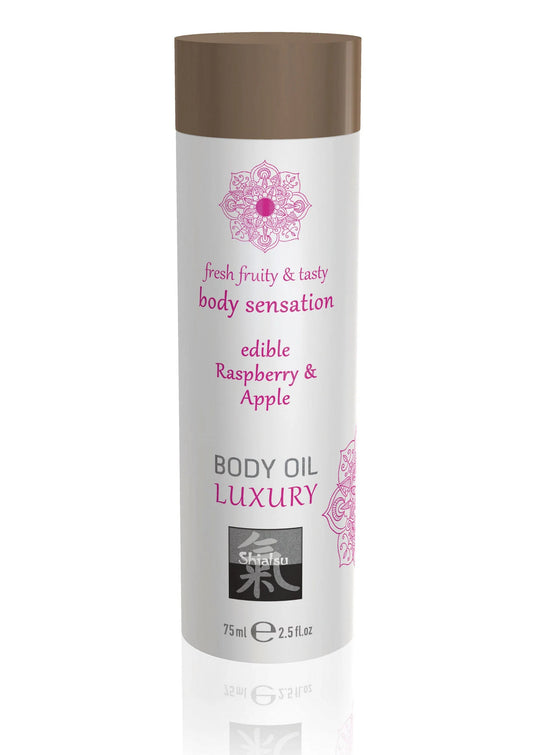 Bestel: Luxury Edible Body Oil 75 ml - bij Happytoys: de erotische sex webshop | liever Happy dan Easy ⭐⭐⭐⭐⭐ - Default Title - 90451 - RASPBERRY - 75