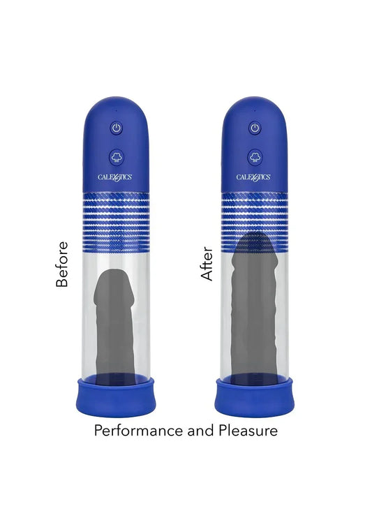 Oplaadbare pomp met blauwe behuizing en doorzichtige cilinder; CalExotics logo