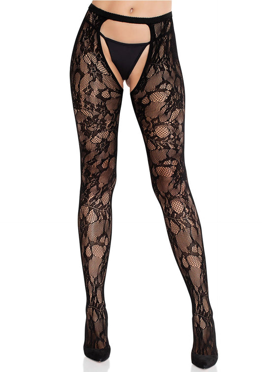 Bestel: Rose Lace Crotchless Tights with Open Back - bij Happytoys: de erotische sex webshop | liever Happy dan Easy ⭐⭐⭐⭐⭐ - Default Title - 82004 - BLACK - O/S